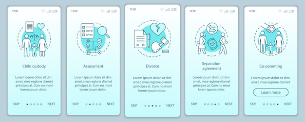 Mediation onboarding mobile app page screen vector template. Child custody, assessment, divorce, co-parenting. Walkthrough website steps with linear illustrations. UX, UI smartphone interface concept