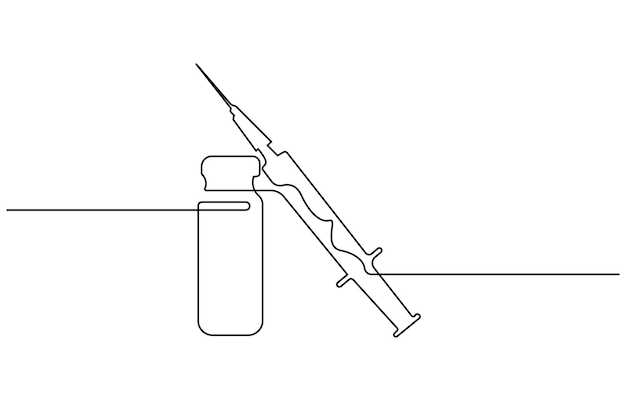Medicinsk sprøjte og flaske med flydende medicin i en ubrudt stregtegning, vektorillustration