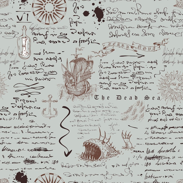 Medieval nautical record of the captain's diary engraving sketch