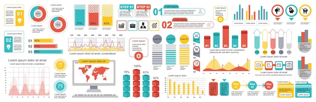Mega set of infographic elements data visualization vector design template Can be used for steps options business process workflow diagram flowchart timeline marketing Bundle info graphics