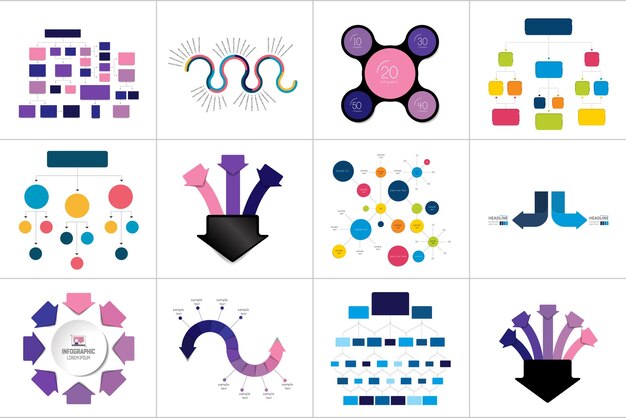 mega set of various flowcharts schemes diagrams simply color editable infographics elements
