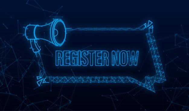 megaphone label with register now. megaphone banner. web design plexus . vector stock illustration