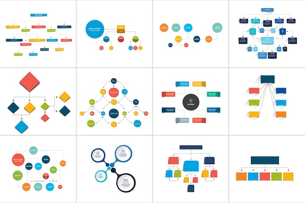 Megauppsättning av olika flödesscheman diagram. Enkelt färgredigerbara Infographics-element