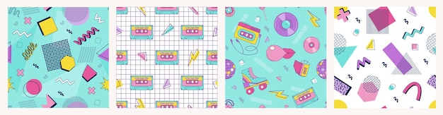 Memphis kesintisiz desenler koleksiyonu 80'ler 90'lar vektörünün soyut geometrik şekil öğelerini ayarlar