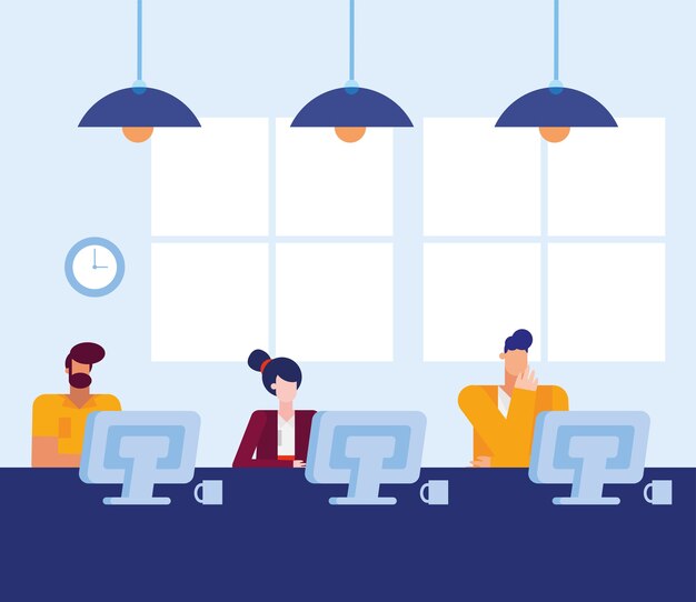 Men and woman with computers at desk in the office design, business objects workforce and corporate theme