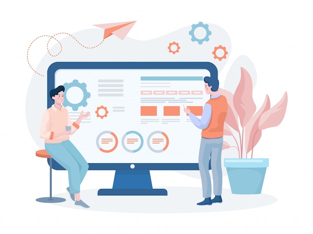 Men developing website or mobile application flat illustration. People building apps.