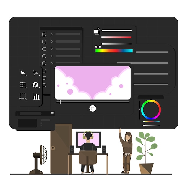 men working in programs with interface display on screen