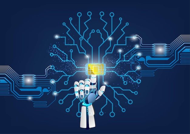 Menneskelig hjerne på digital abstrakt teknologi baggrund. Der er en AI-robotfinger, der vil starte magten, vektorillustration