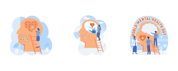 Mental health concept World mental health day Mental health medical treatment Set flat vector modern illustration