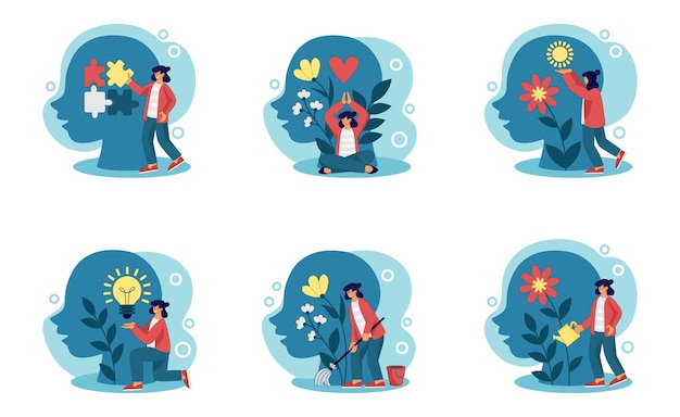 Mental health happy self mind Love people characters healthy woman selfcare confident help Head silhouette and tiny girl psychotherapy treatment Vector cartoon flat tidy concept set