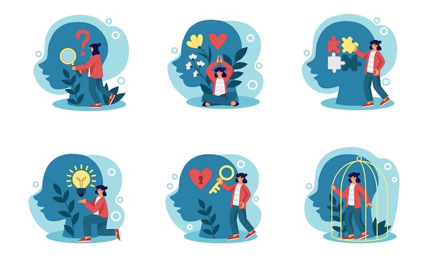 Mental health Positive psychology mind Stress or sick emotions Self care or meditation Woman and human big head Wellness and balance Vector cartoon tidy psychotherapy concepts set