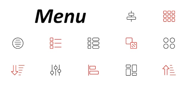 Menu set icon Collection of menu layout icons with various arrangements of lines dots sliders blocks and arrows in red and black line styles across circular vertical and grid formats
