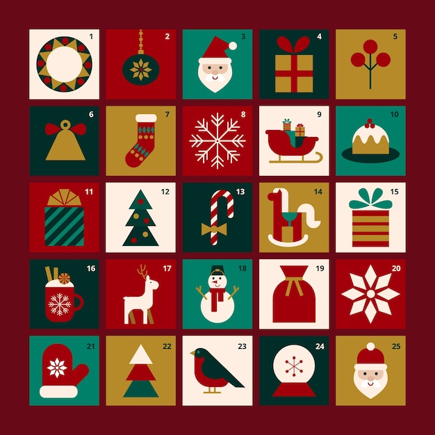 Merry Christmas advent calendar with festive geometric icons Stylized Santa gifts snowman