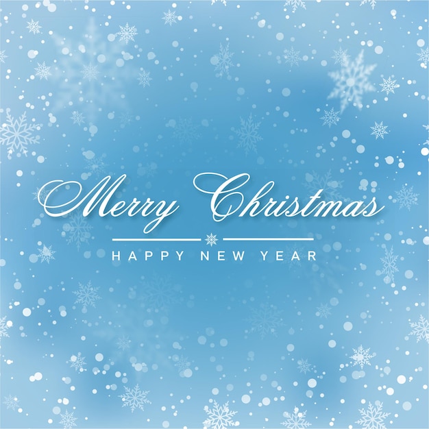 Merry Christmas and Happy New Year card with falling snowflakes on blue sky, Vector