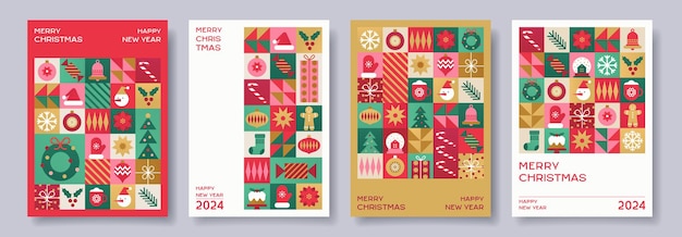 merry christmas and happy new year vector set of geometric abstract geometric card design