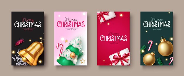 Merry christmas greeting card vector set design Christmas greeting text in colorful bokeh