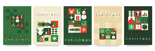 merry christmas set of greeting card poster holiday cover modern xmas design in simple geometric