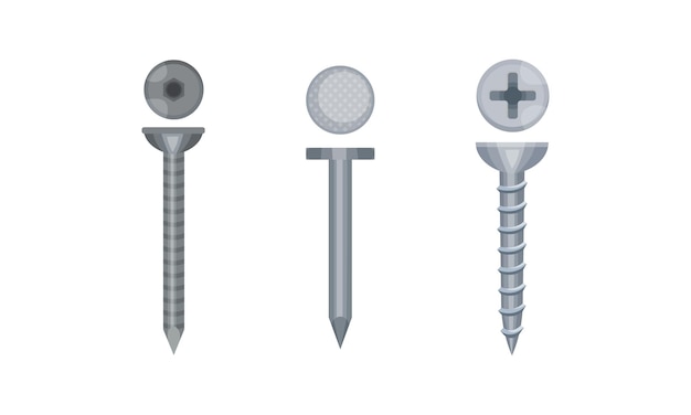 metal fastener and nail as small object and hardware device used for joining vector set