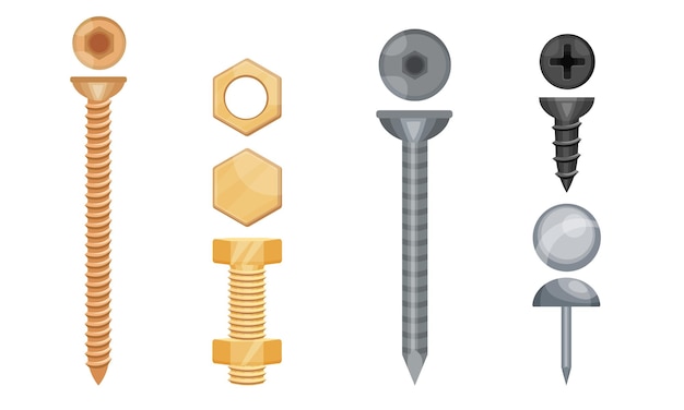 metal screws with steel bolts and nails vector set
