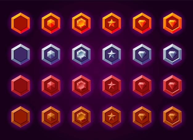 Metallic level rank badges collection Diamond gemstone Wood woody wooden bronze gold silver magic