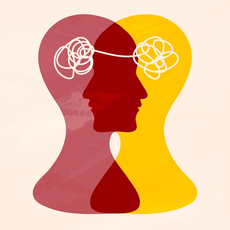Vektör metaphor bipolar disorder mind mental double face split personality concept mood disorder 2 head