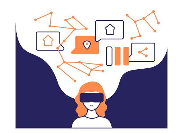 Metaverse banner Man woman in vr mask online World internet building purchase communication