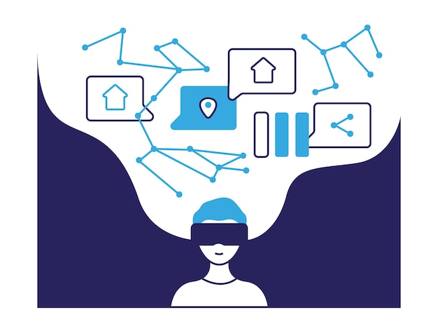Metaverse banner Masked man vr online Symbols of the Internet of the world buying buildings