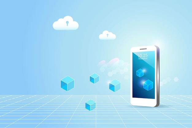 Metaverse och blockchain virtual reality med molnteknik Användargränssnitt 3D-upplevelse med smartphone och digitala enheter Smartphone i blockchain virtuell miljö