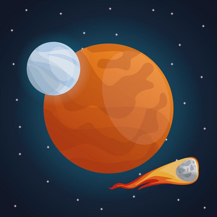 Vektör meteor ve mars gezegeni manzarası ile renkli uzay manzarası arka planı