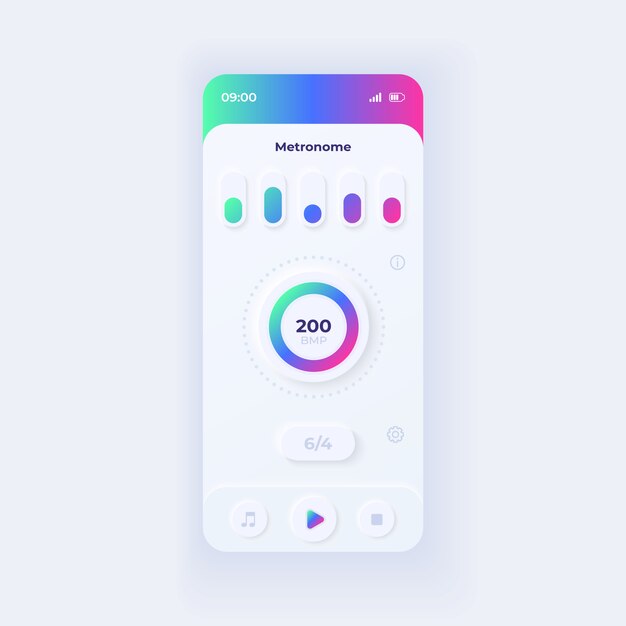 Metronom applikation smartphone interface skabelon. Mobil app side lys design layout. Musikalsk rytme assistance skærm. UI til applikation. Slag pr. minut beløb på telefonskærmen.