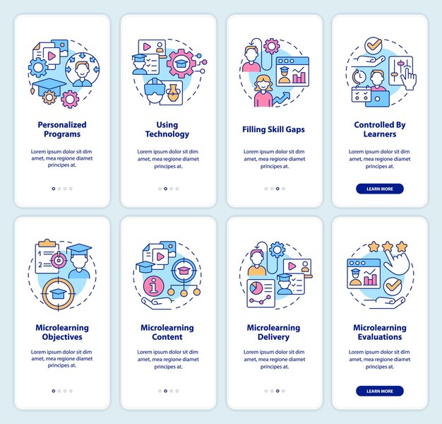Microlearning approach onboarding mobile app screen set