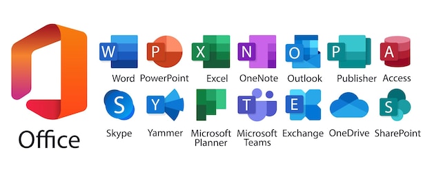 Microsoft Office 365 Excel PowerPoint Publisher Sway Outlook SharePoint Access Exchange Word Yammer OneDrive Teams Skype OneNote Yammer Editorial vector