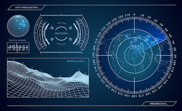Military green radar. Screen with target. Futuristic HUD interface. Stock vector illustration.