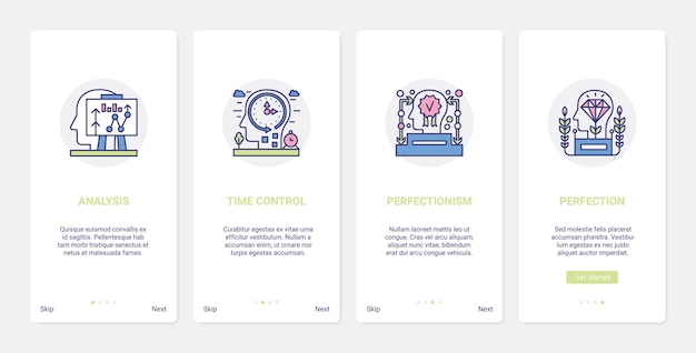 Mind work processes line perfectionism ux ui onboarding mobile app page screen set.