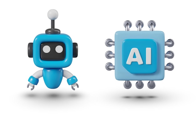 mini robot processor with ai label set of vector objects in cartoon 3d style