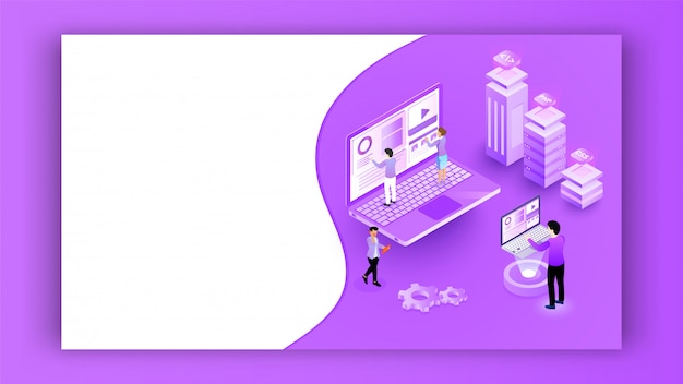 miniature people working on laptop with different programming server on purple banner