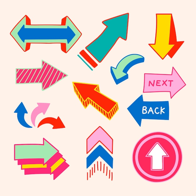 Minimal arrow illustration hand drawn colorful simple design transparent background set vector