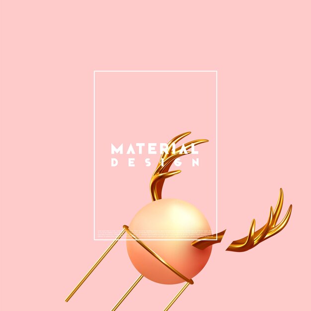 Minimal design with realistic shapes of 3d objects. Golden metal volumetric elements on the pink background
