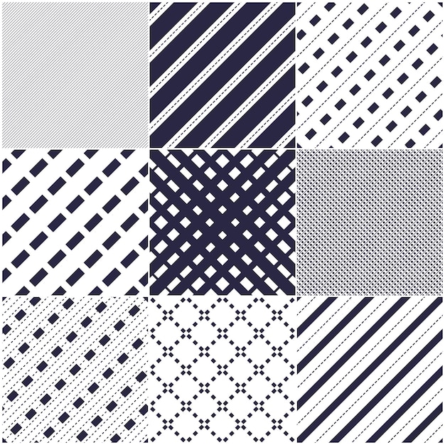 Minimal lines vector seamless patterns set, abstract backgrounds collection. Simple geometric designs. Seamless lines vector minimalistic arts. Crossed lines grid, diagonal lines, dashed lines, dotted