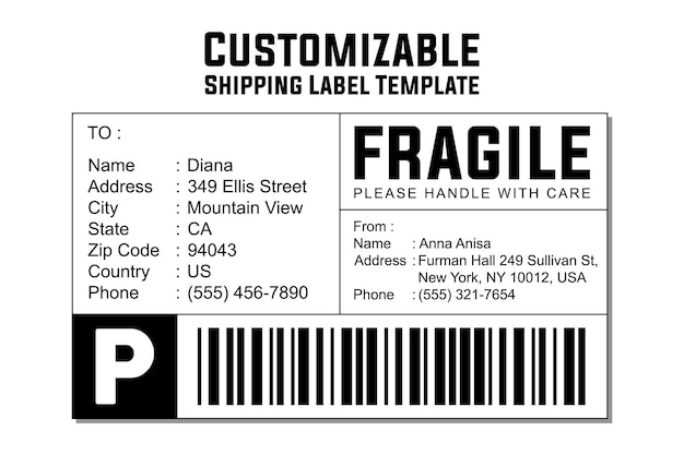 Minimalist Custom Shipping Label with Fragile Warning and Barcode for Package Delivery