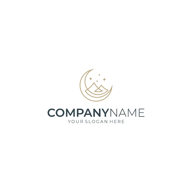 Minimalist line art logo crescent moon combination with mountains and stars