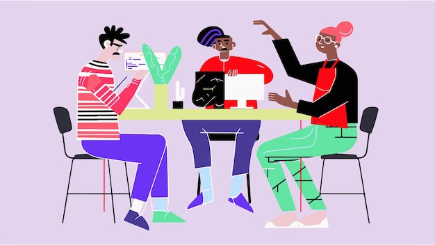 minimalist vector illustration of a team creating an a digital application computer ideas 3 people