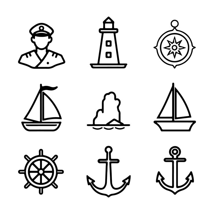 Minimalist vector line icons nautical theme for maritime and travel designs