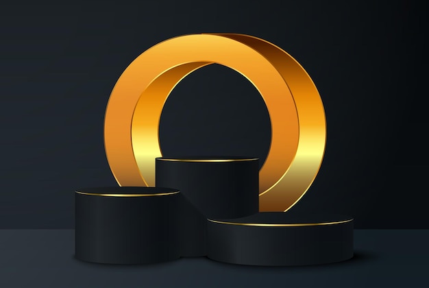 minimalistic elegant stage for showcasing your products 3d black podium on a dark background platform or podium with golden ring layout for presentation