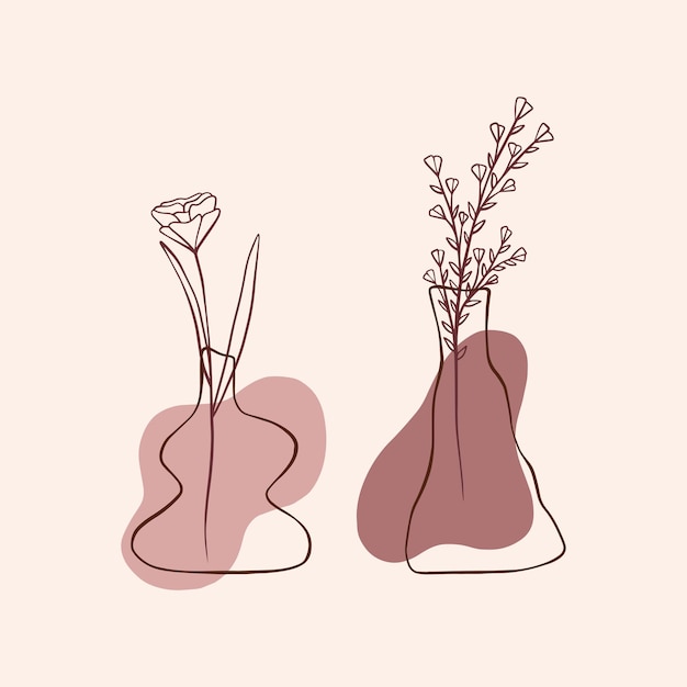 Minimalistic line art ceramic pots with leaves vector line art
