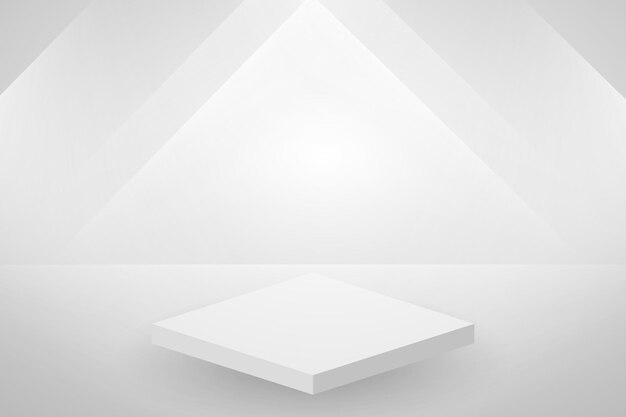 Minimalistic white stage with a square podium and geometric background for product display