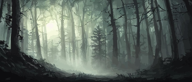 misty forest dark tree silhouette tree tricks in the blue mist fog in the night forest vector