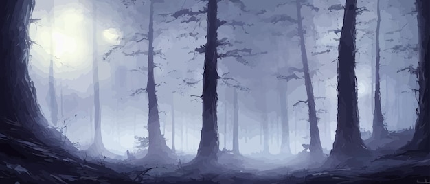 misty forest dark tree silhouette tree tricks in the blue mist fog in the night forest vector