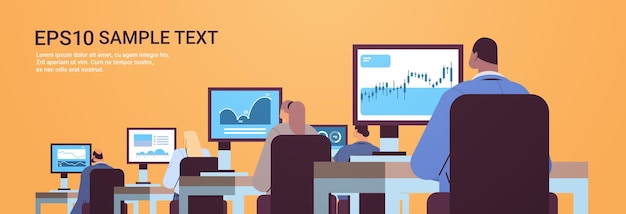 mix race traders stock market brokers analyzing charts or making presentation on computer monitors at workplace horizontal portrait copy space vector illustration