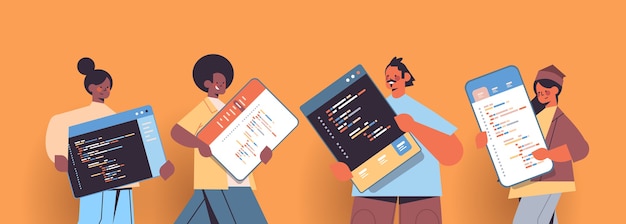 mix race web developers creating program code development of software and programming concept portrait  copy space
